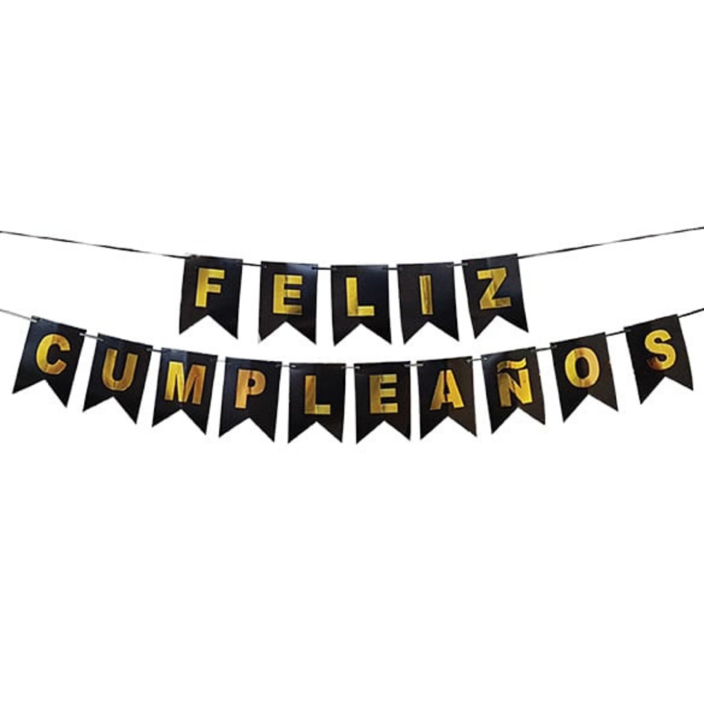 BANDERIN FELIZ CUMPLEAÑOS NEGRO ORO G.M