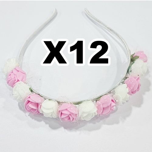 VINCHA FLORES GOMA EVA ROSA/BLANCO x12